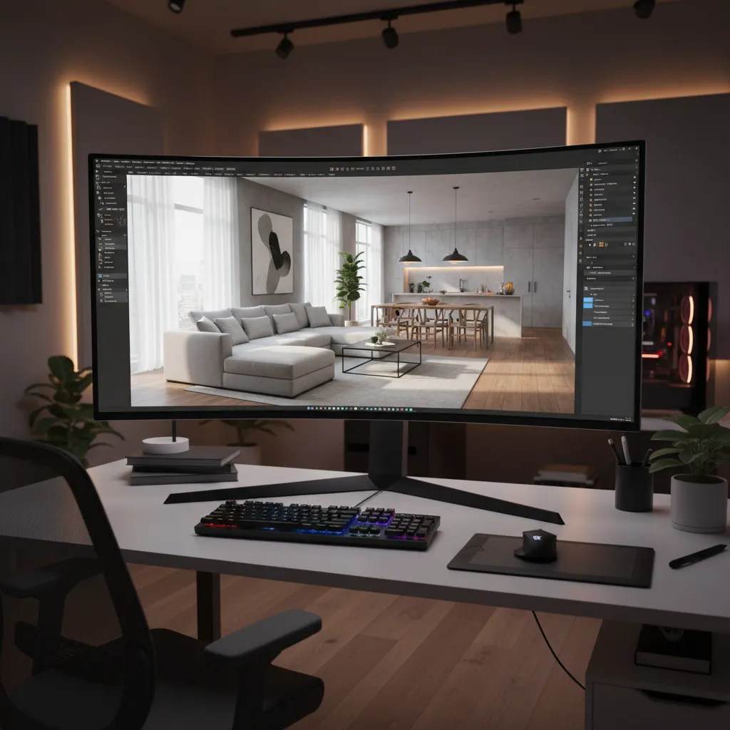 designer creating interior walkthrough animation on workstation with 3D software and architectural scene