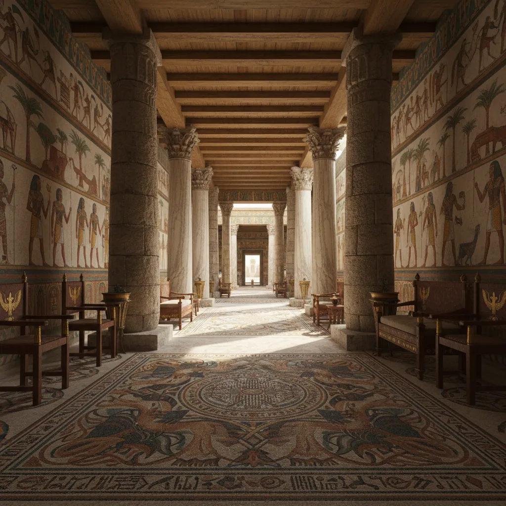 Interior inspirado en viviendas del antiguo Egipto y Roma con mosaicos y mobiliario clásico