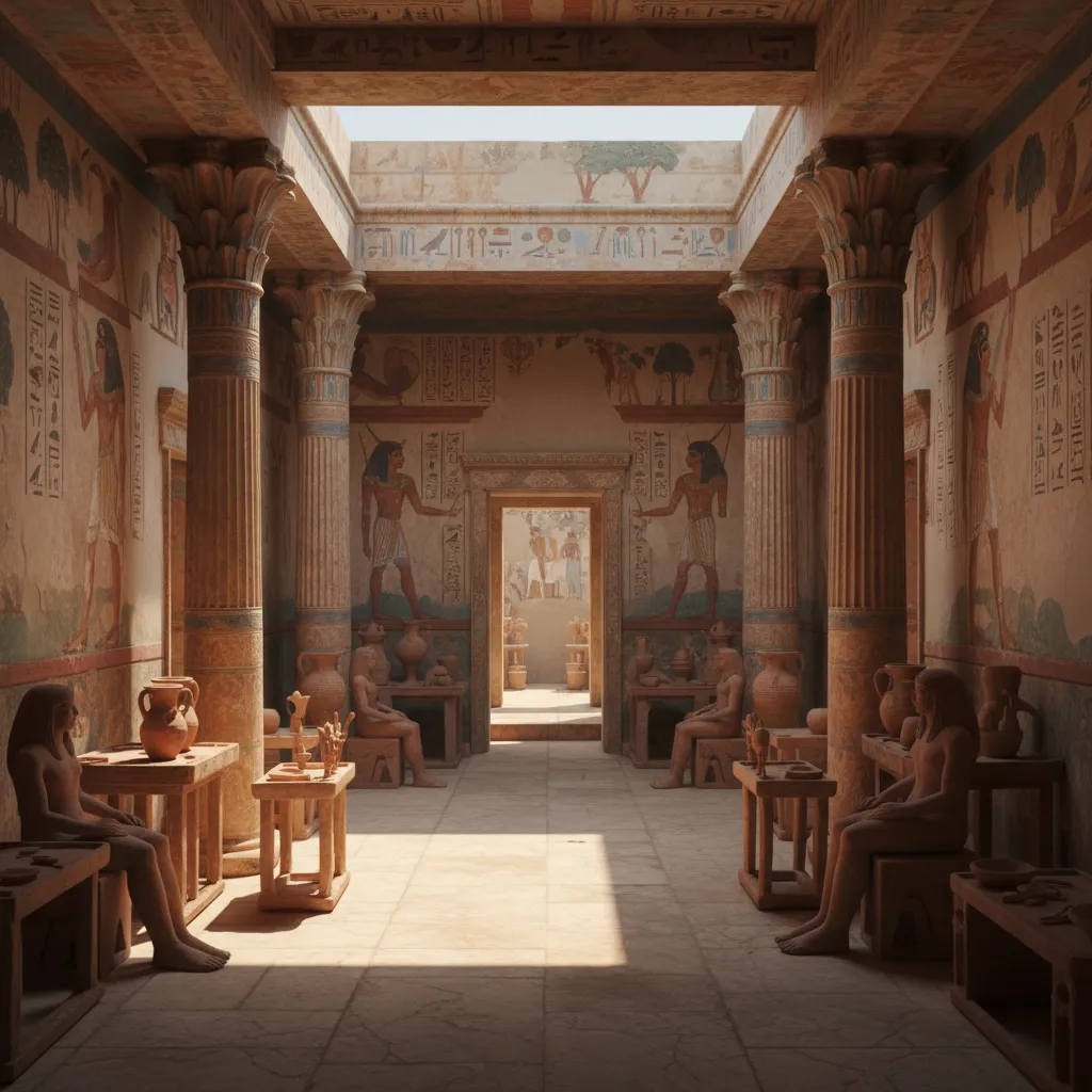 Interior inspirado en viviendas del antiguo Egipto y Roma con murales y columnas