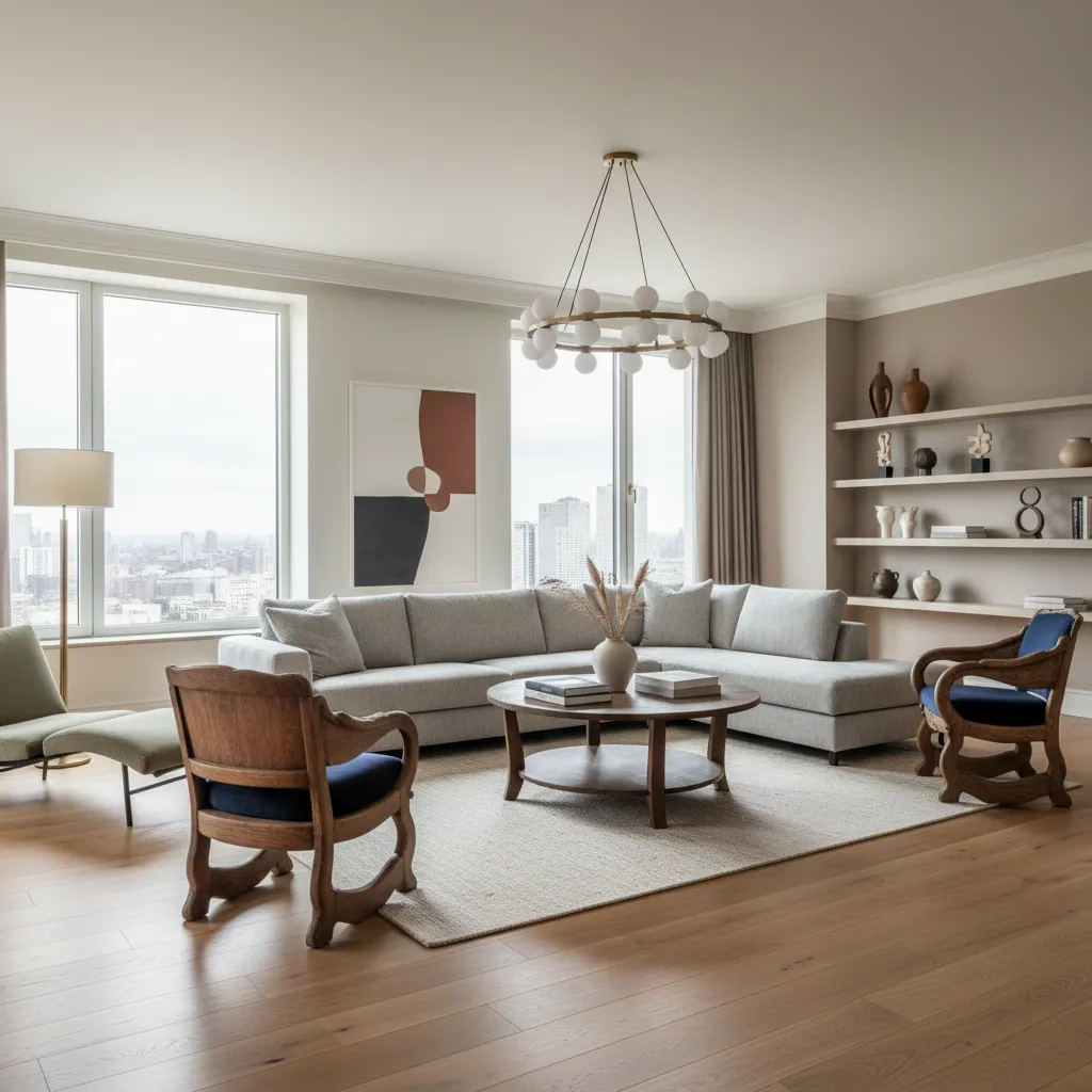 Modern living room with grey sofa wooden coffee table round ceiling light and large windows