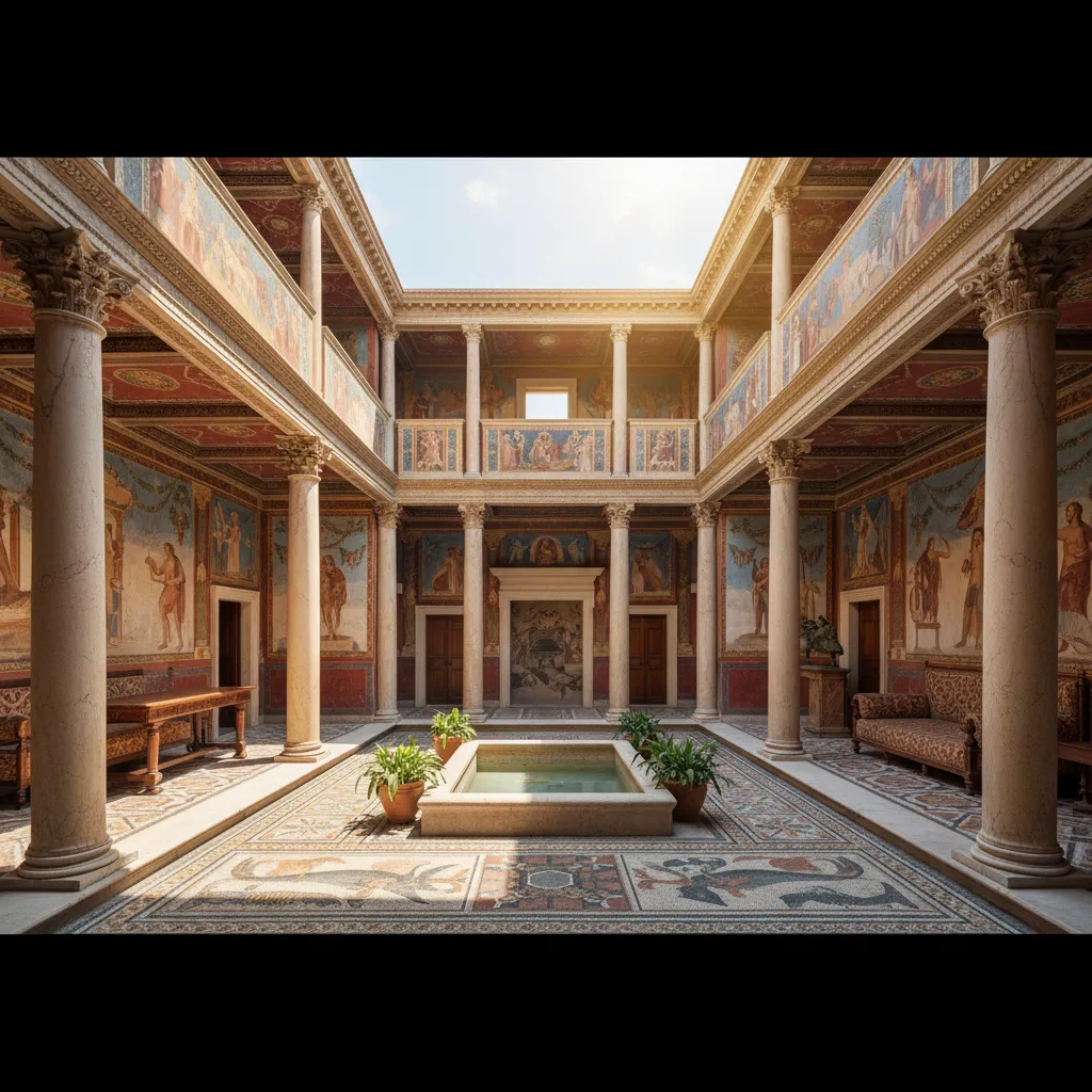Ancient Roman style courtyard with tall stone columns wall paintings mosaic floor and small pool