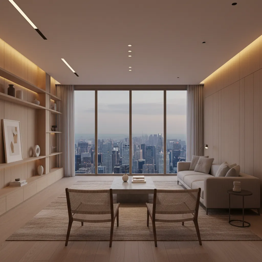photorealistic interior architectural rendering of modern Singapore apartment living room