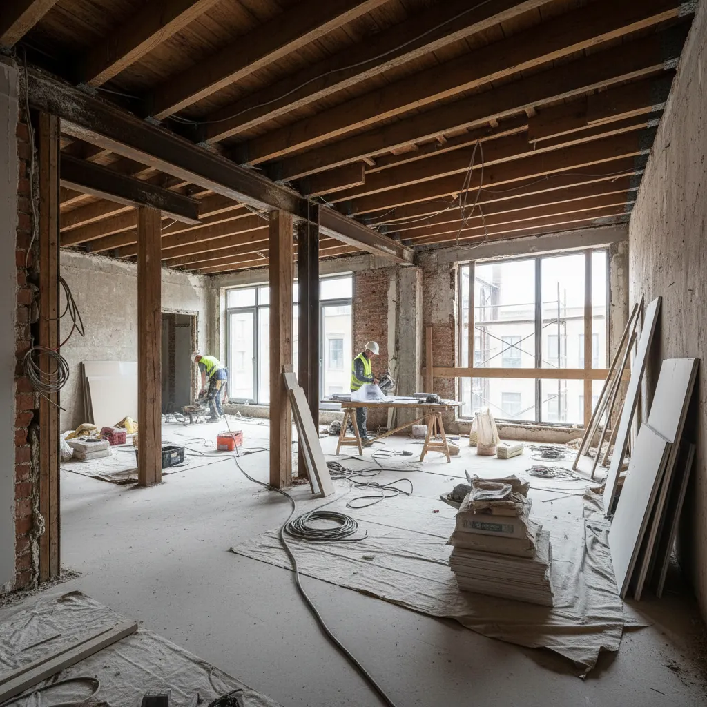 Workers renovating a house with wooden ceiling beams large windows and stacks of building materials
