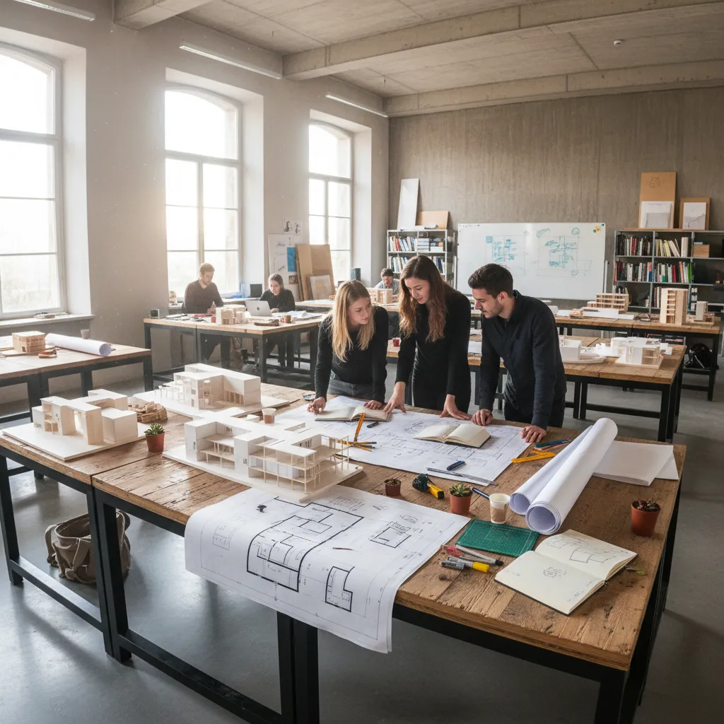 Estudiantes analizando maquetas y planos de arquitectura interior