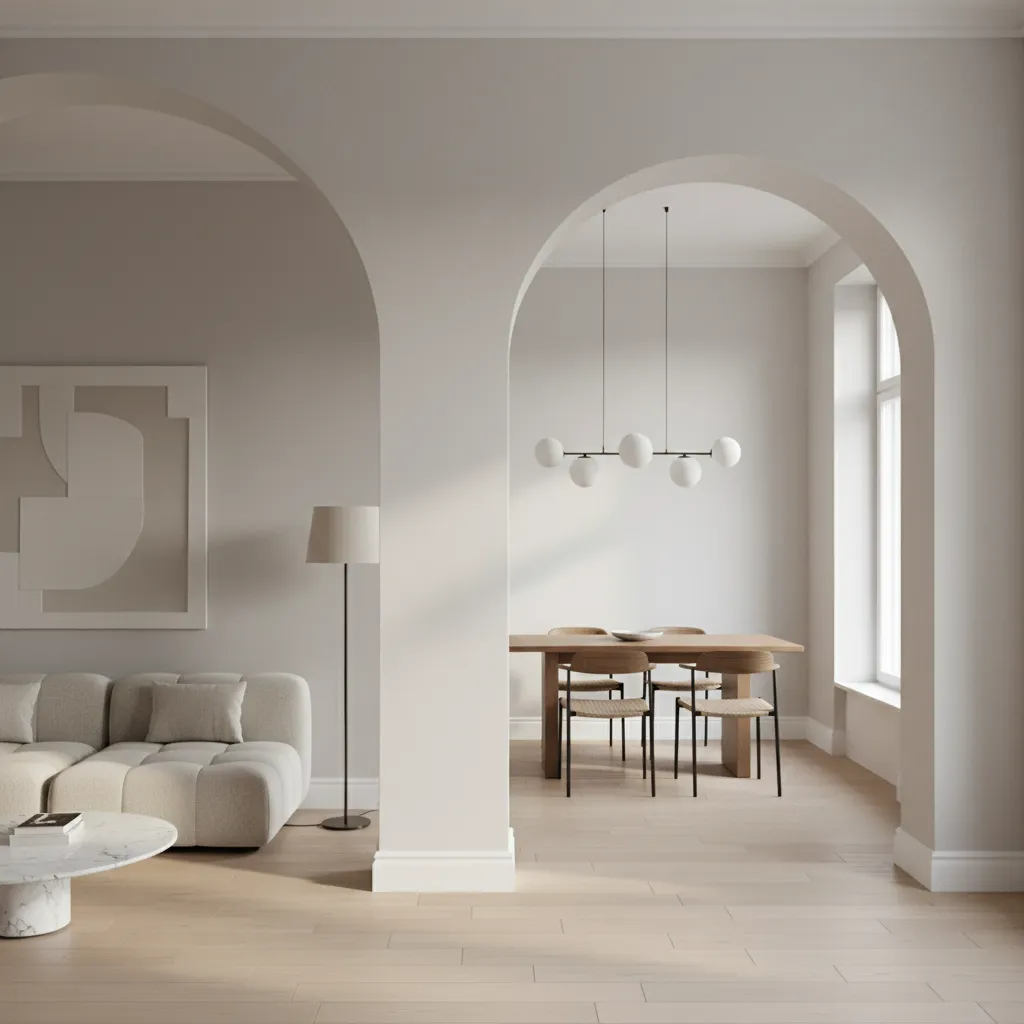 Arco amplio que conecta sala de estar con comedor en una vivienda moderna