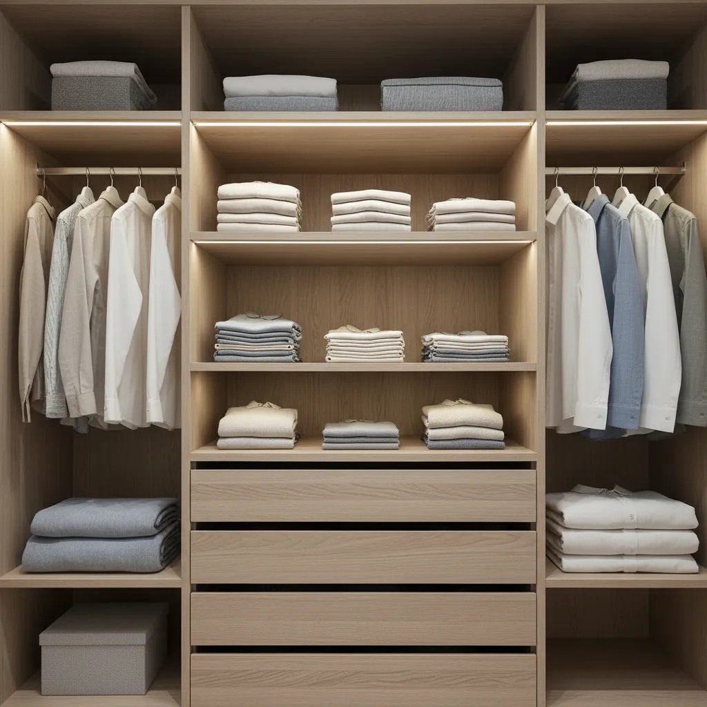 Interior de armario empotrado con acabados en madera clara y estantes organizados