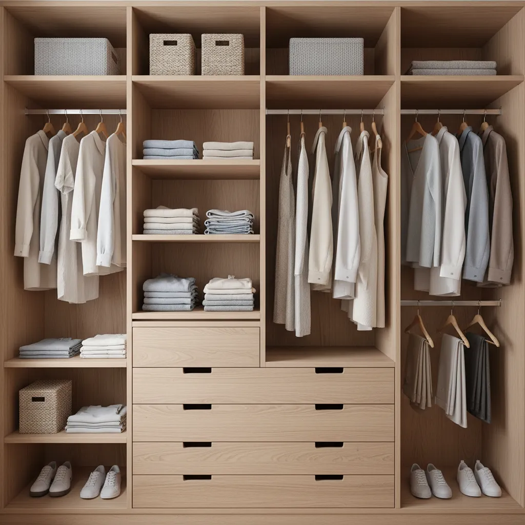 Modular wooden wardrobe design including storage boxes hanging clothes folded shirts drawers and white shoes