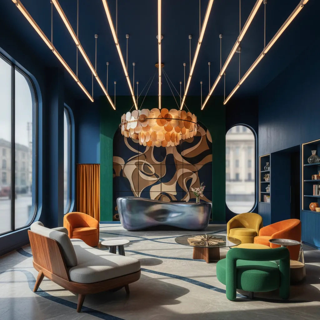 Interior creativo con colores intensos y mobiliario escultórico