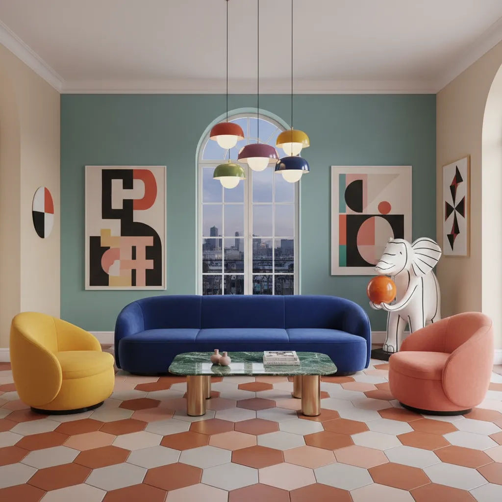Interior artístico con mobiliario escultórico y colores llamativos