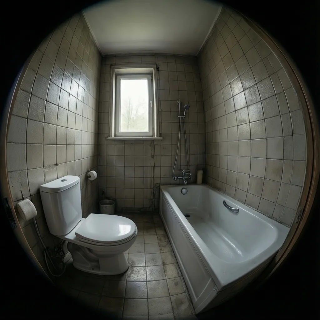 Small windowless bathroom located in the center of a home suitable for tornado shelter