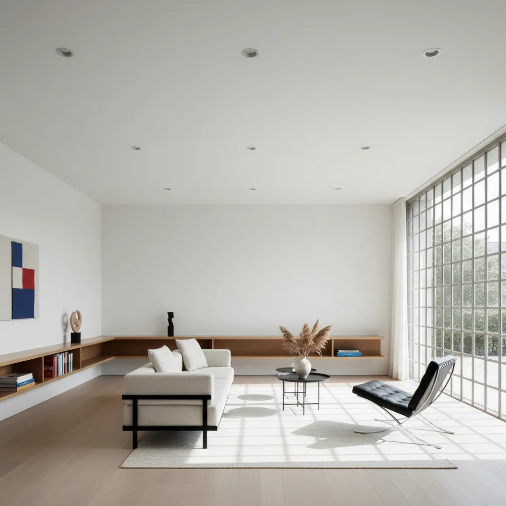 Interior minimalista estilo Bauhaus con espacio abierto y mucha luz natural