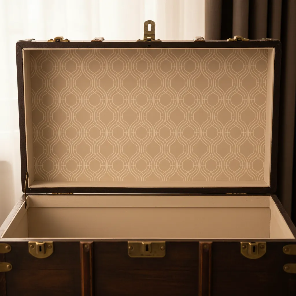 Interior de baúl con pintura clara y patrón decorativo geométrico