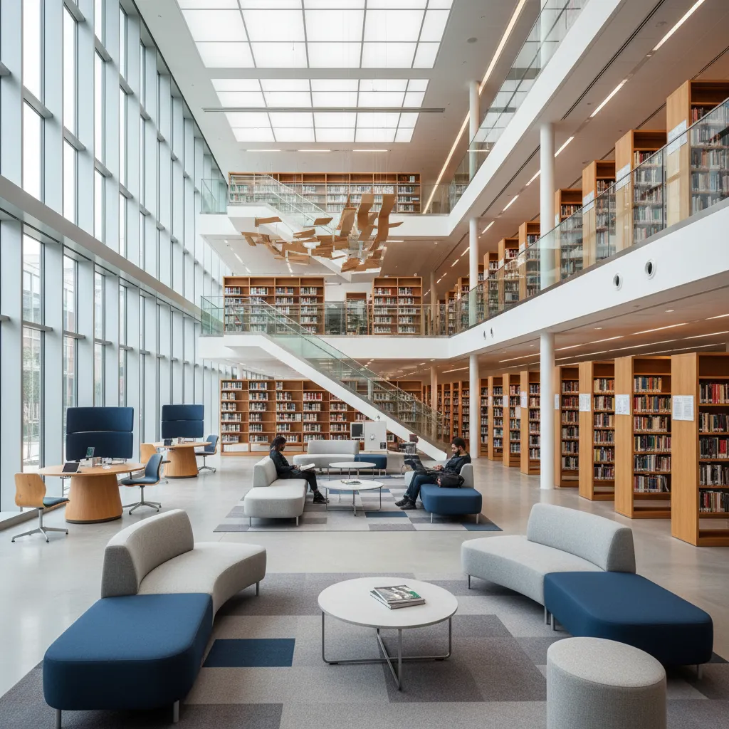 Bright modern library with tall bookshelves large windows blue sofas white tables and natural light