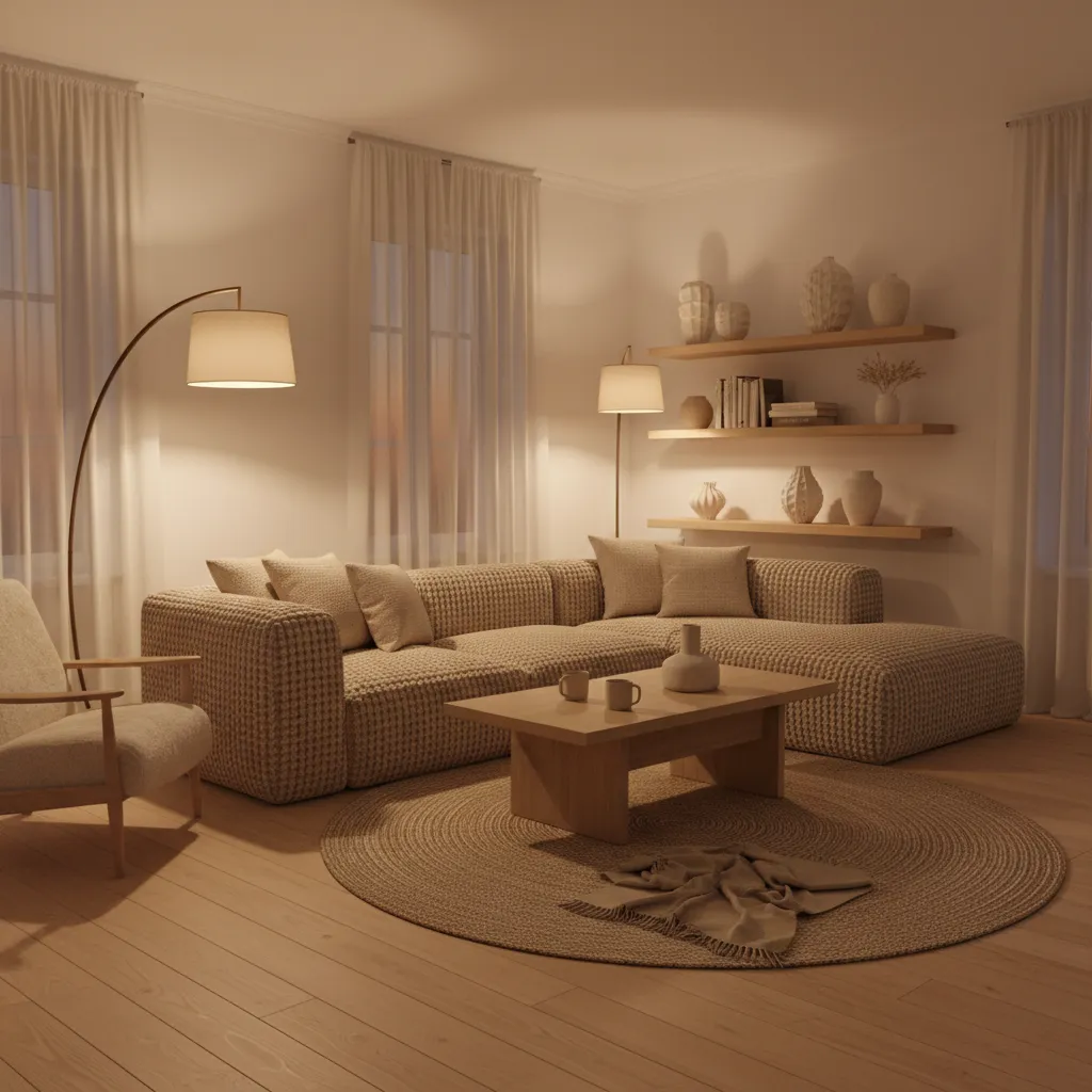 Warm living room with corner sofa, floor lamps, wall shelves, round rug, and wooden table