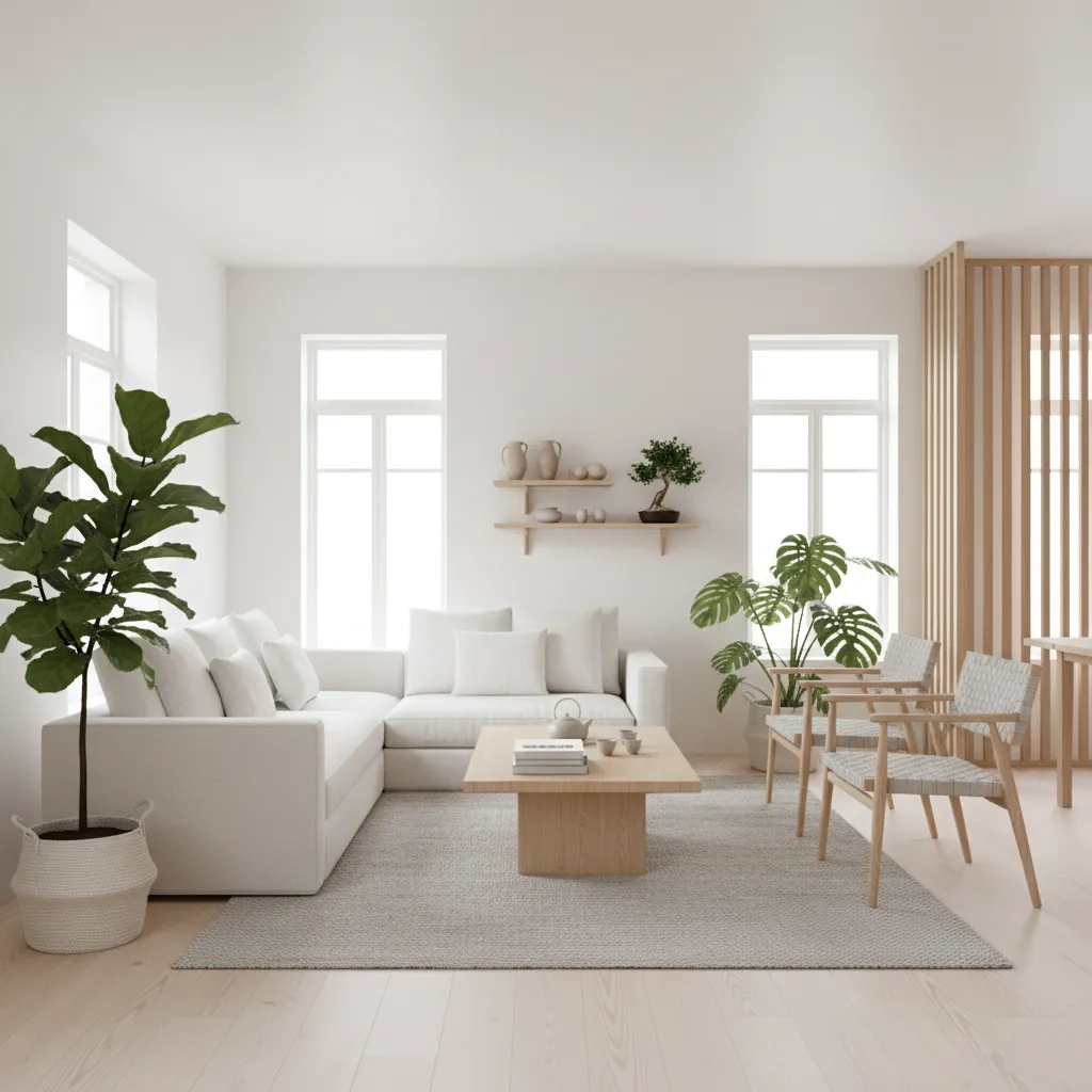 Interior blanco minimalista con plantas grandes decorativas