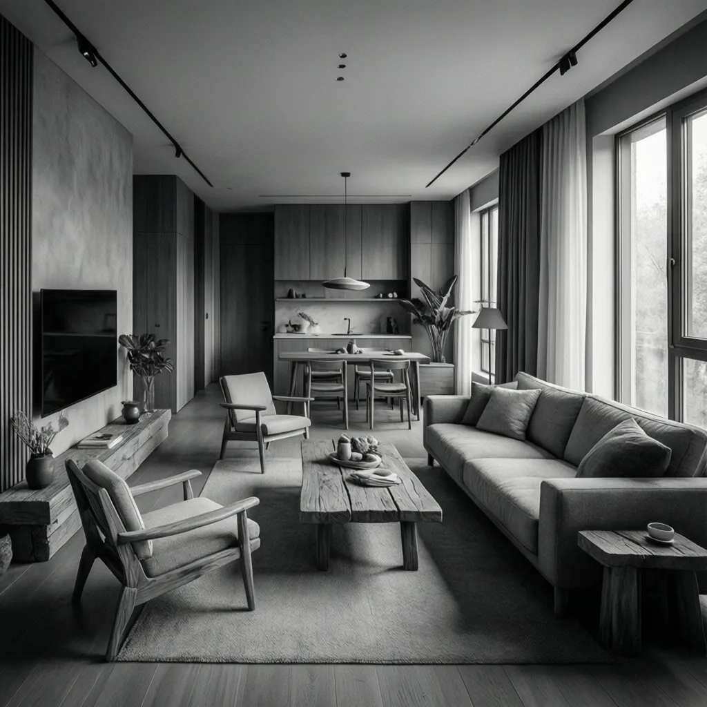 Decoración blanco y negro combinada con tonos grises y madera