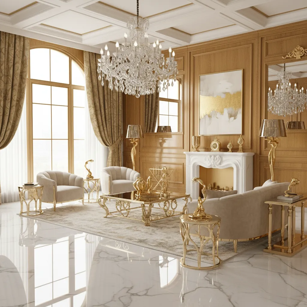 Interior con superficies brillantes y decoración exagerada