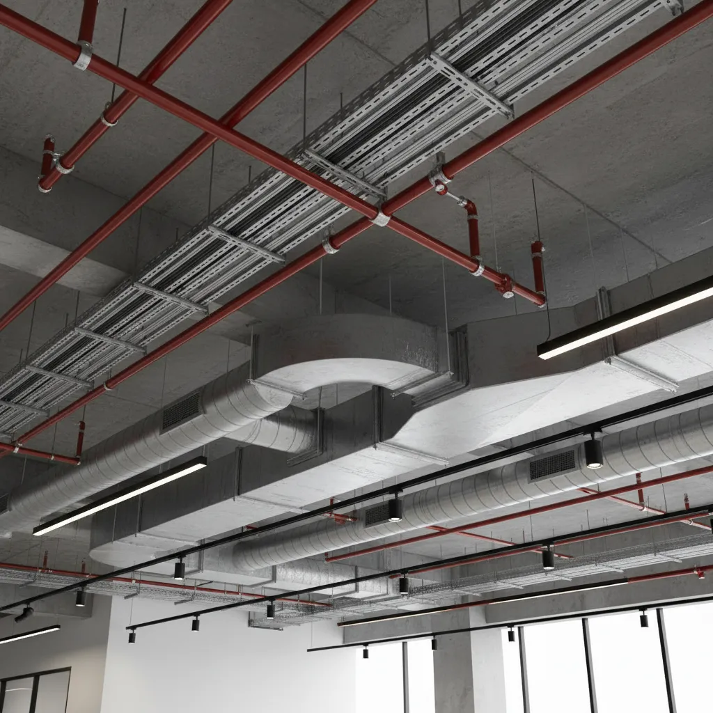 Modern interior ceiling showing coordinated HVAC ducts, lighting, and sprinkler pipes
