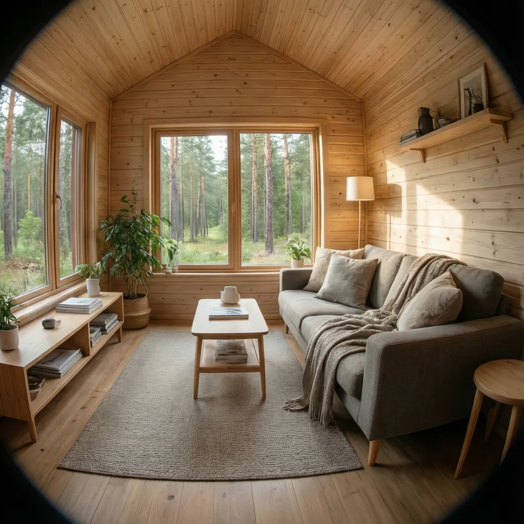 Interior de cabaña pequeña estilo escandinavo con madera clara