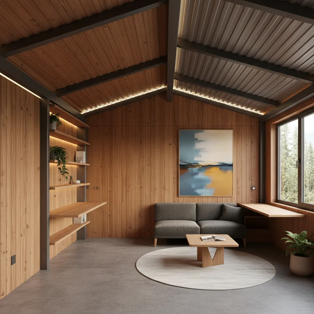 Interior cálido de casa contenedor con madera natural y iluminación indirecta