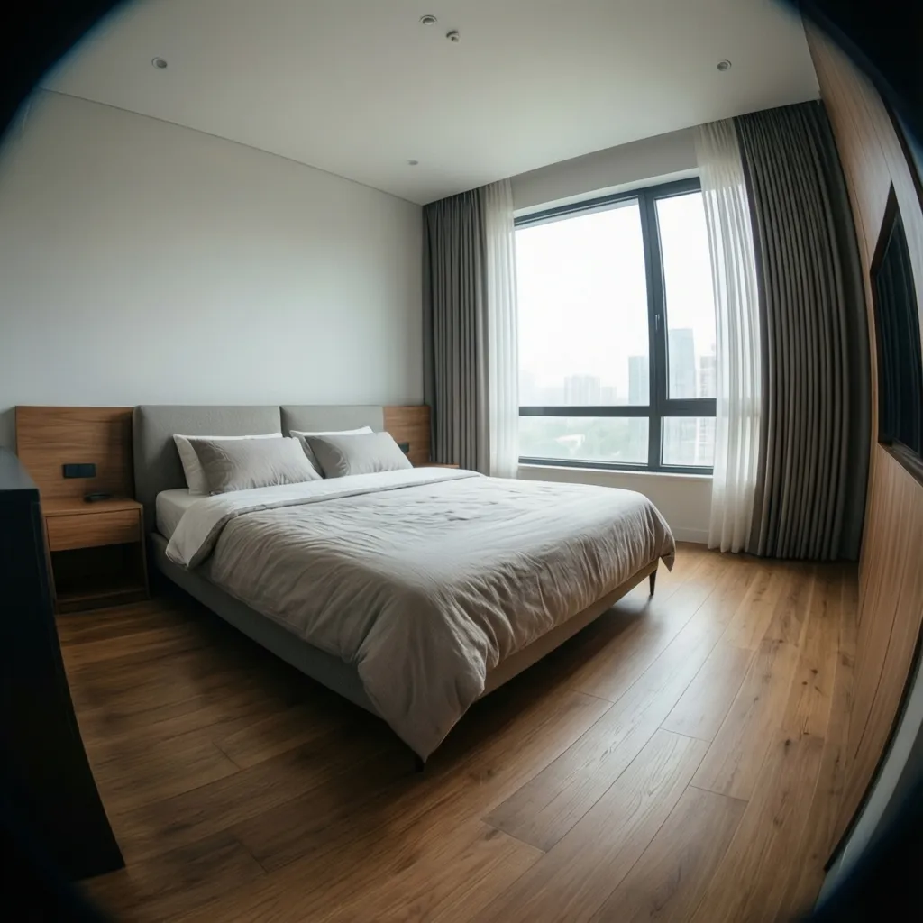Ángulo de cámara mostrando dos paredes de un dormitorio moderno
