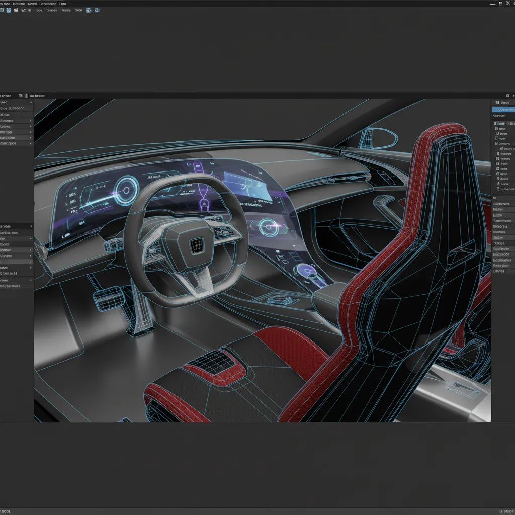 Modelo 3D del interior de un automóvil mostrando tablero digital y volante