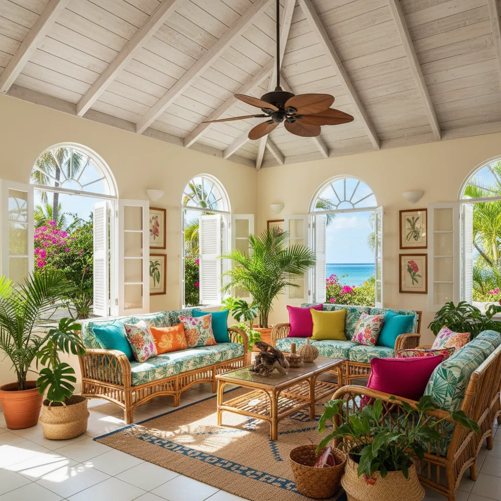Interior caribeño con muebles de ratán y colores tropicales