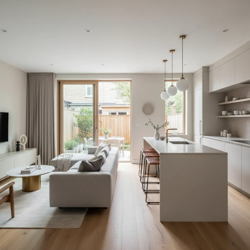 Interior de sala y cocina abierta en casa moderna de terreno 10x20