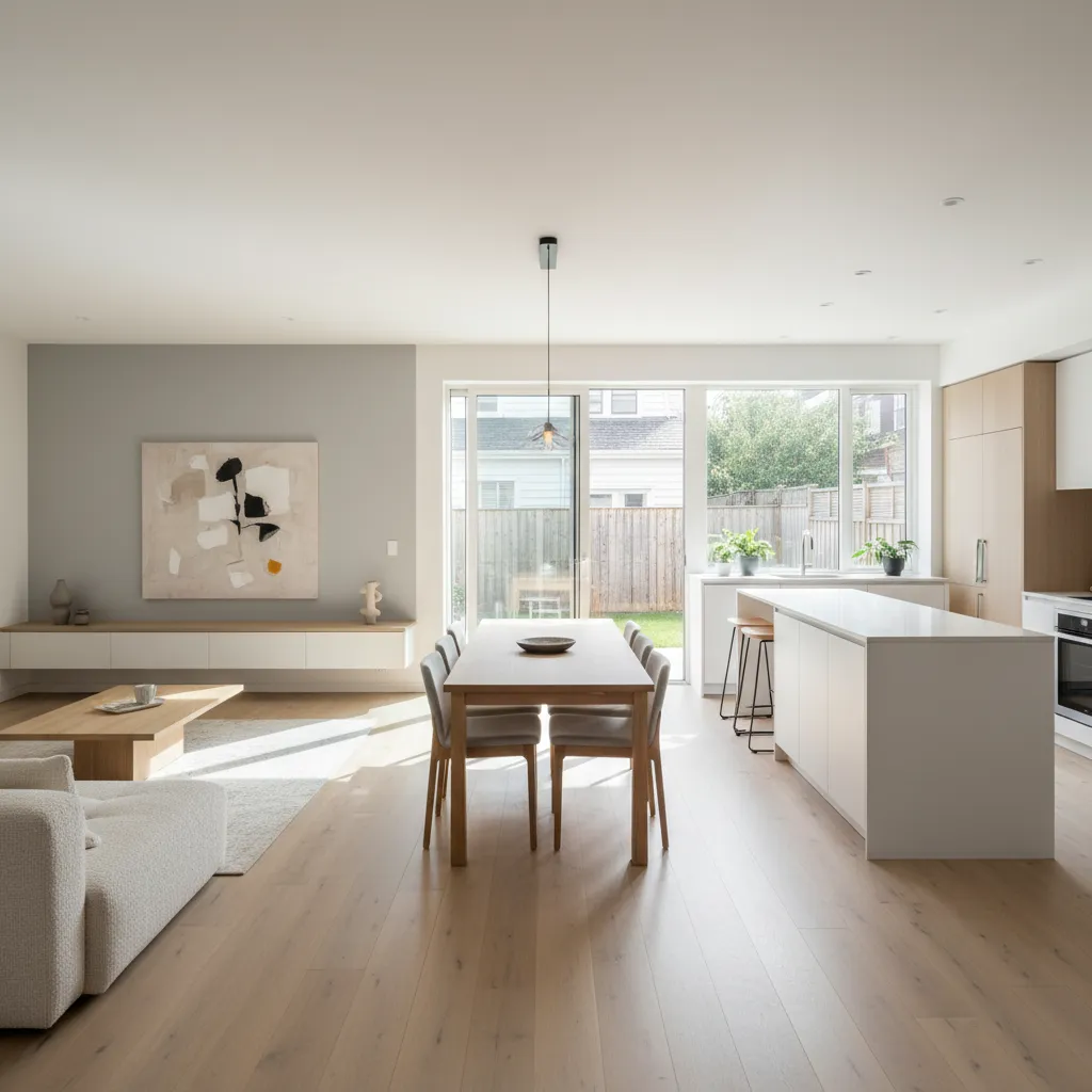 Sala y comedor abiertos en una casa moderna de terreno 10x20