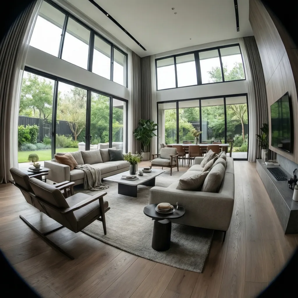 Sala y comedor abiertos en una casa moderna de aproximadamente 120 m²