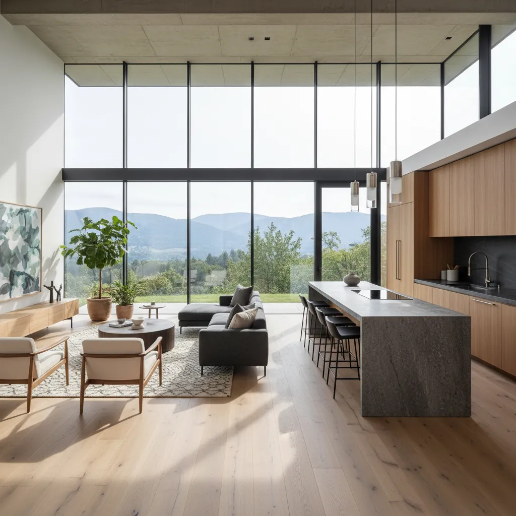 Open plan living room and kitchen with large windows overlooking mountains and a kitchen island