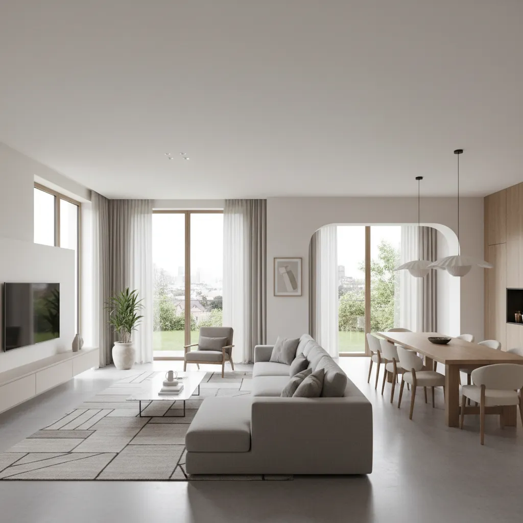 Sala y comedor integrados en una casa moderna 12x18