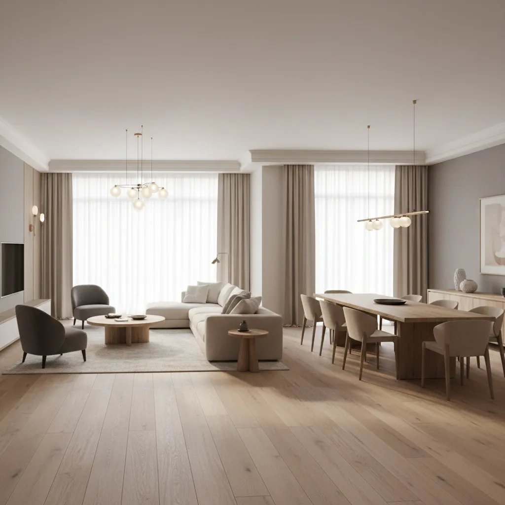 Salón moderno amplio en una casa de 160 m2 con diseño abierto