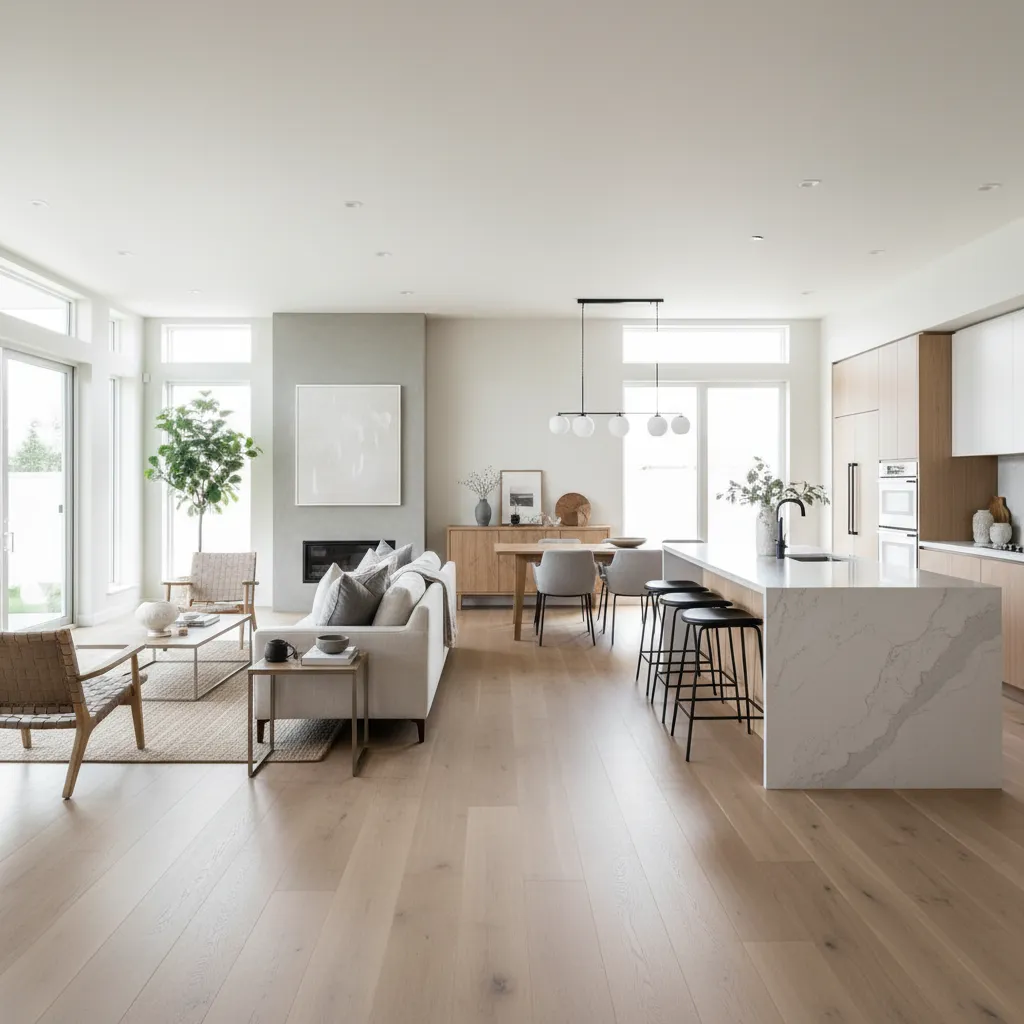 Bright living room with white sofa wooden dining table marble kitchen island and black stools