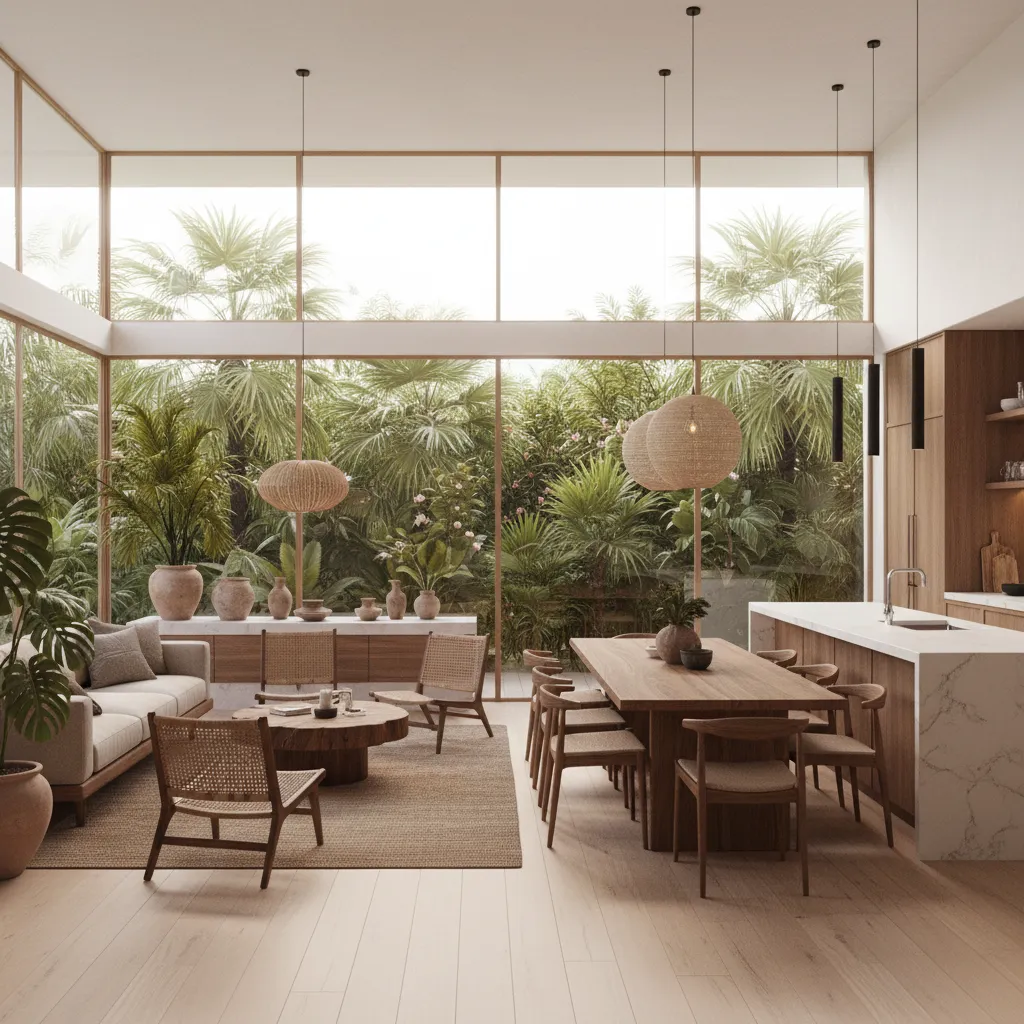 Interior de casa con sala comedor y cocina en espacio abierto