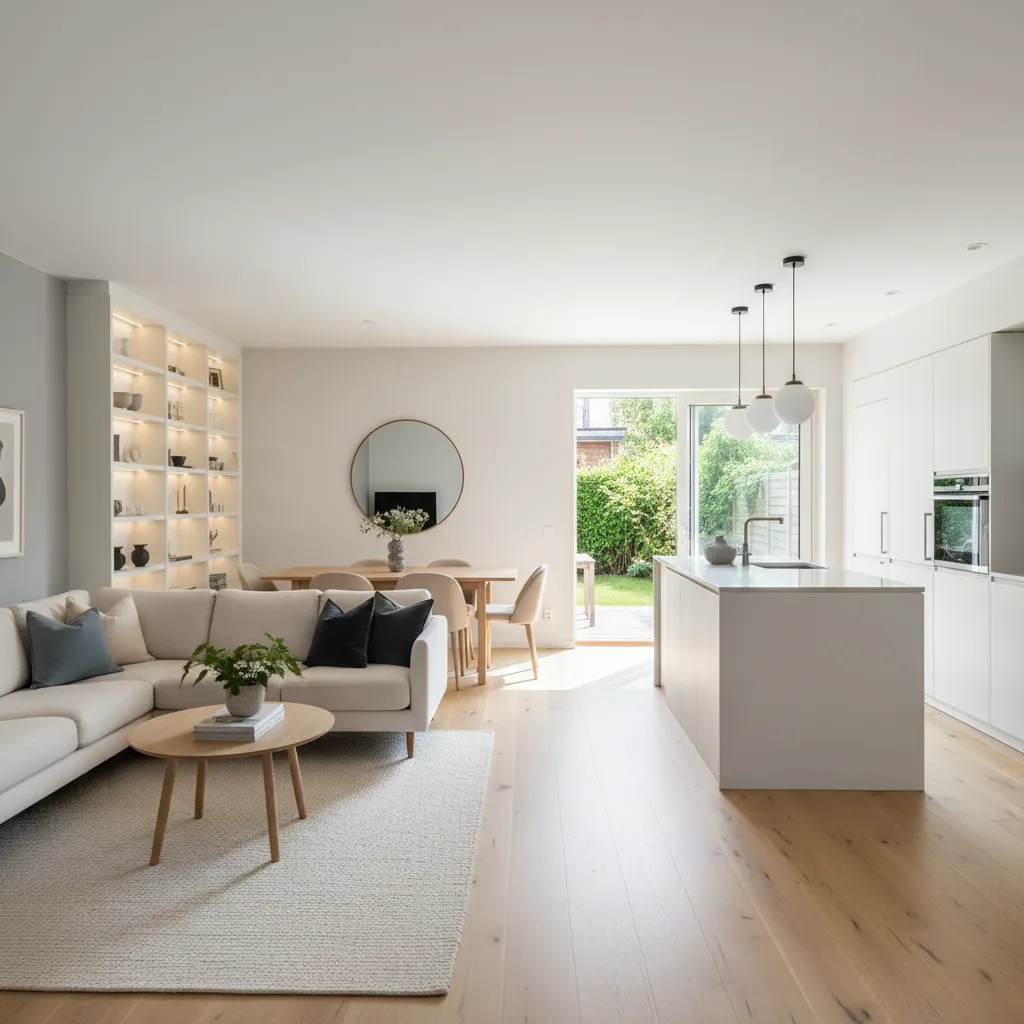 Salón moderno en una casa adosada con cocina abierta
