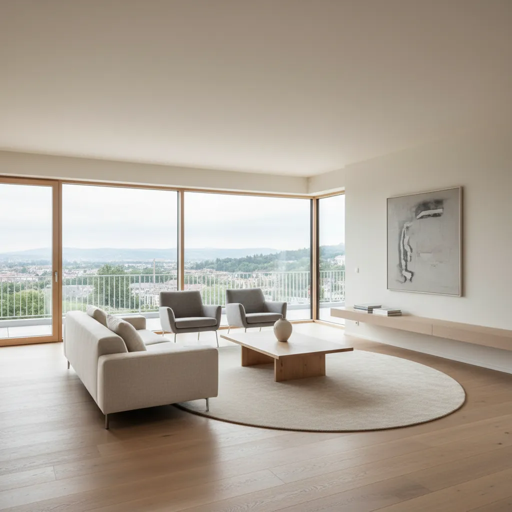 Interior de casa estilo alemán con grandes ventanas y diseño funcional