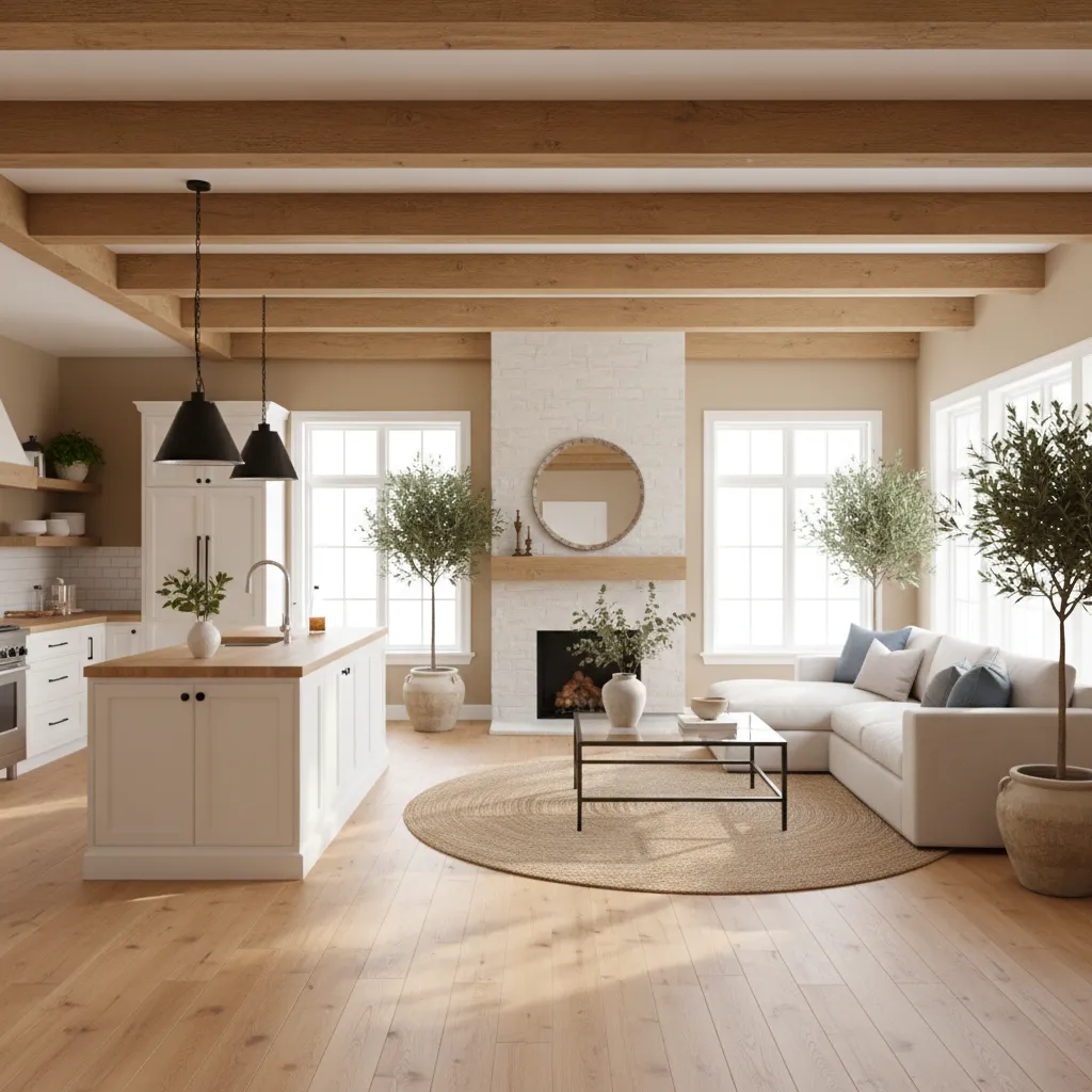 Interior de casa americana con cocina abierta y salón conectado