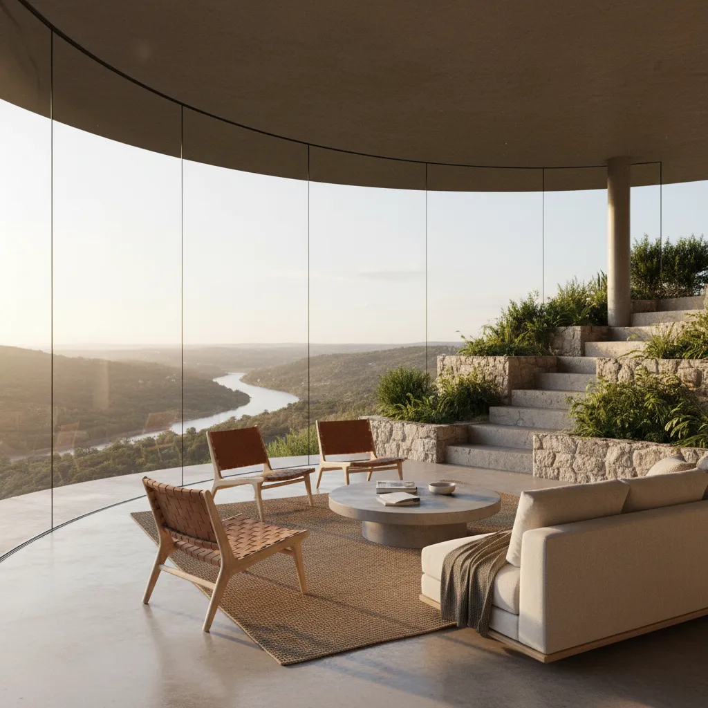 Salón moderno con grandes ventanales en casa escalonada