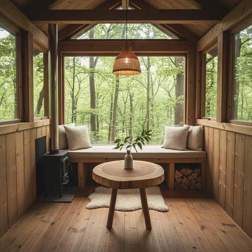 Interior sencillo de una casa de árbol con banco de madera y ventanas