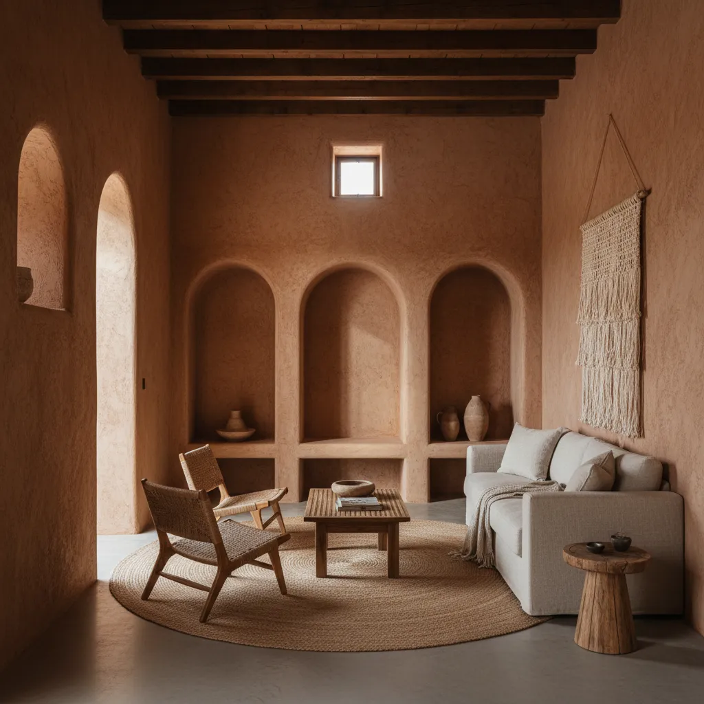 Interior moderno de casa de barro con nichos y paredes gruesas