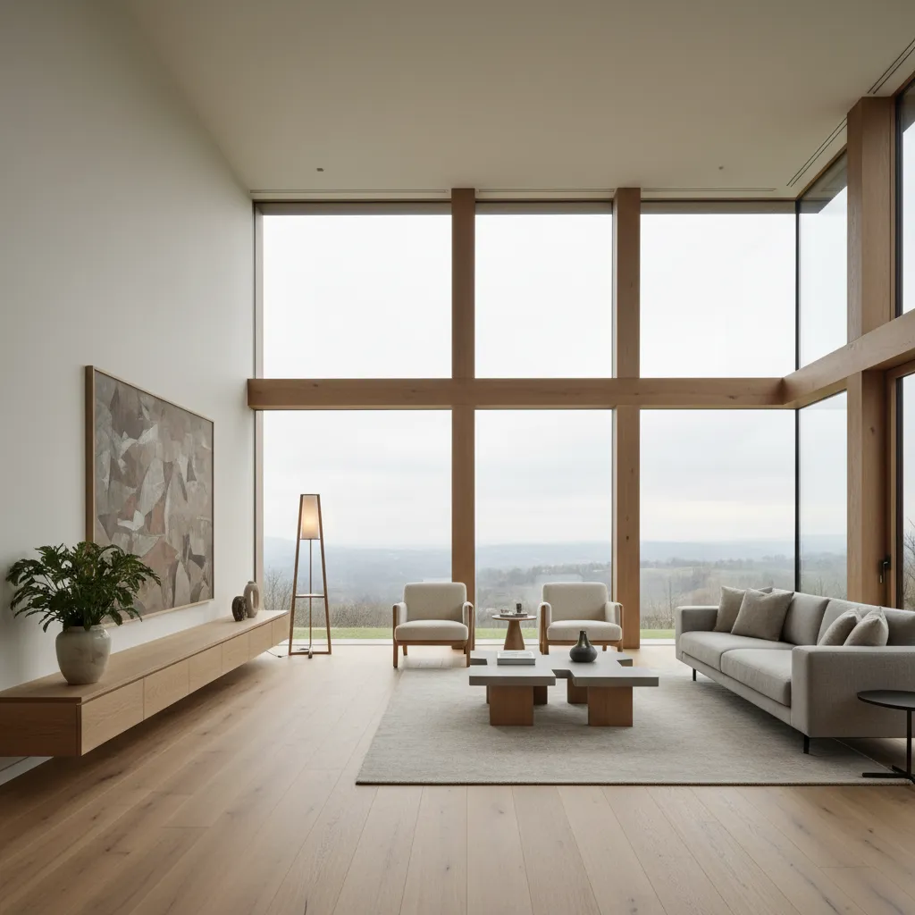 Interior de casa belga con grandes ventanales y luz natural