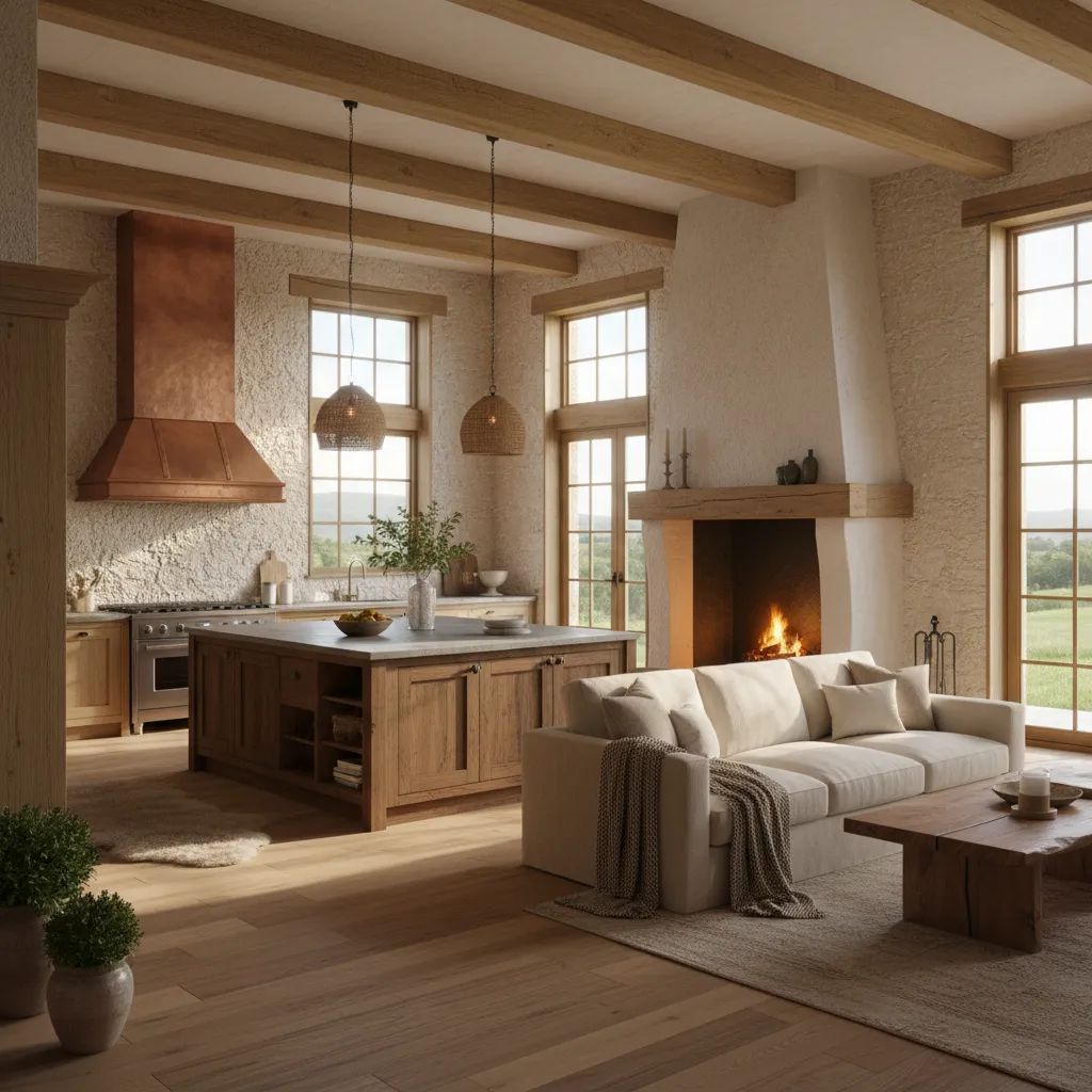 Interior de casa de campo con cocina abierta y salón