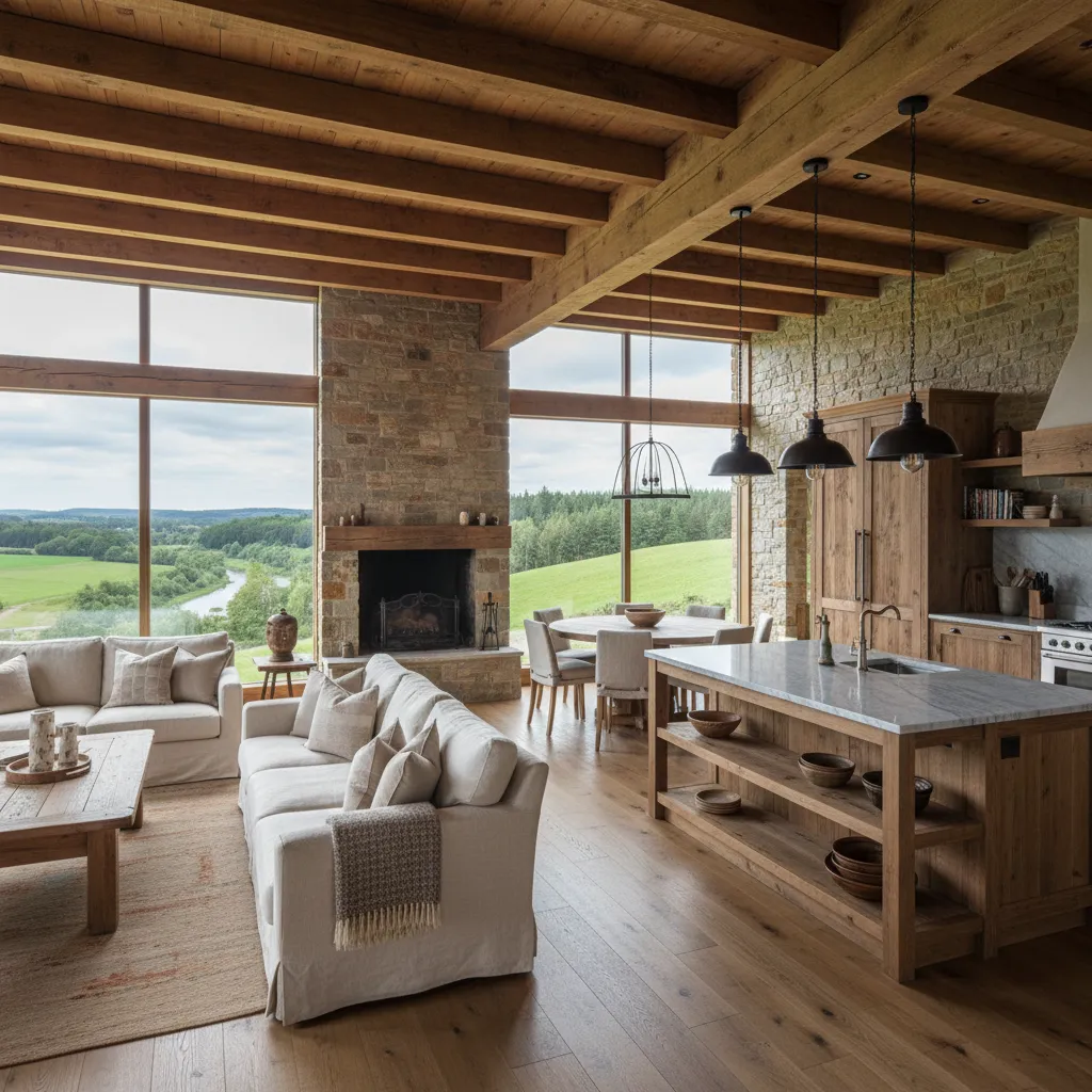 Interior de casa de campo con diseño abierto de salón y cocina