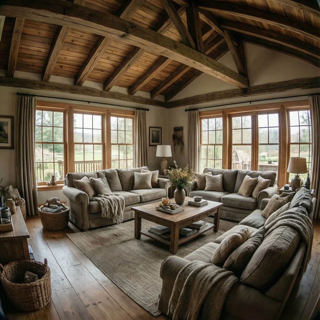 Interior de casa de campo con techo de madera y espacio abierto