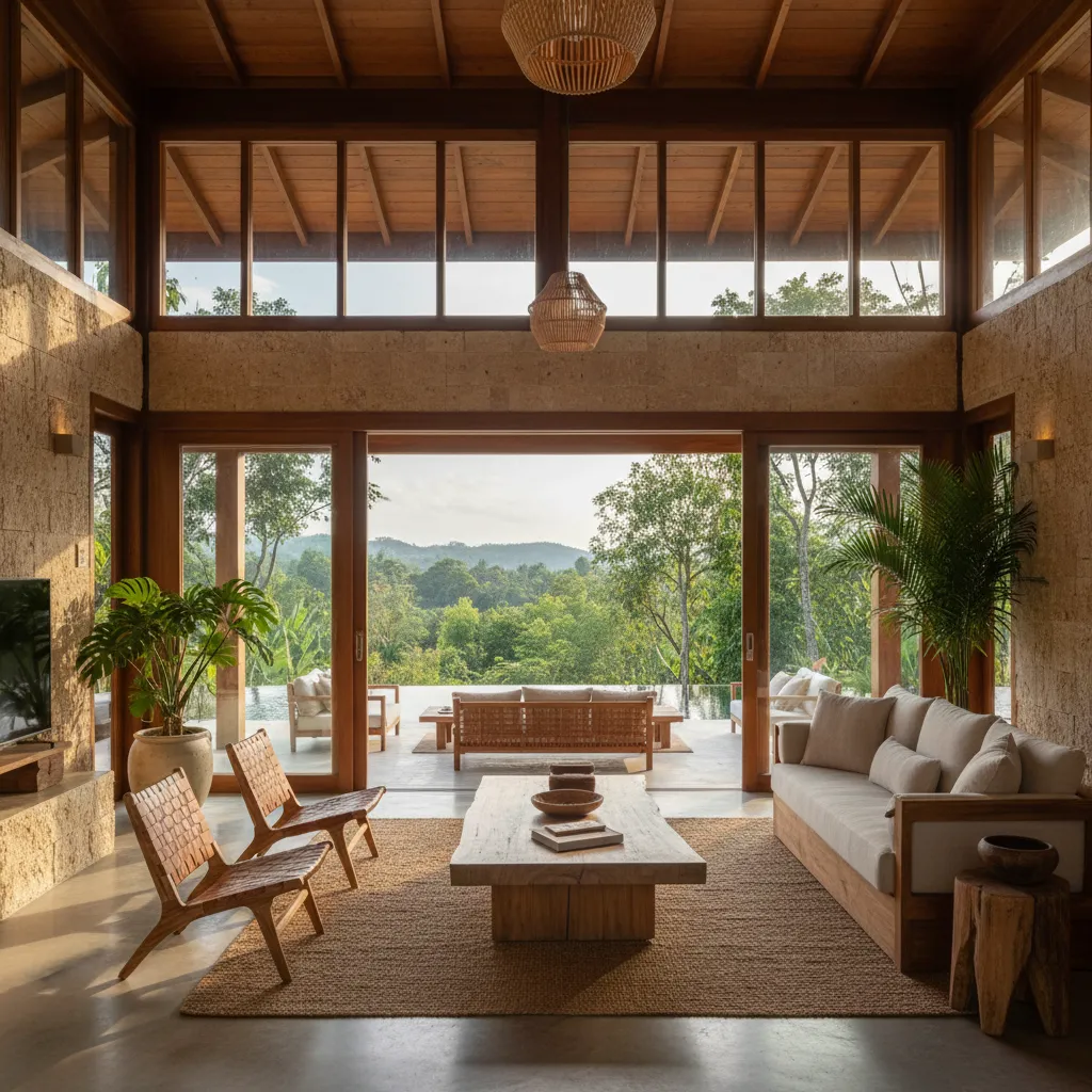 Interior moderno de casa de campo con sala abierta conectada a terraza