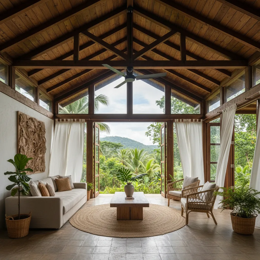Interior de casa de campo con ventilación natural y materiales de madera