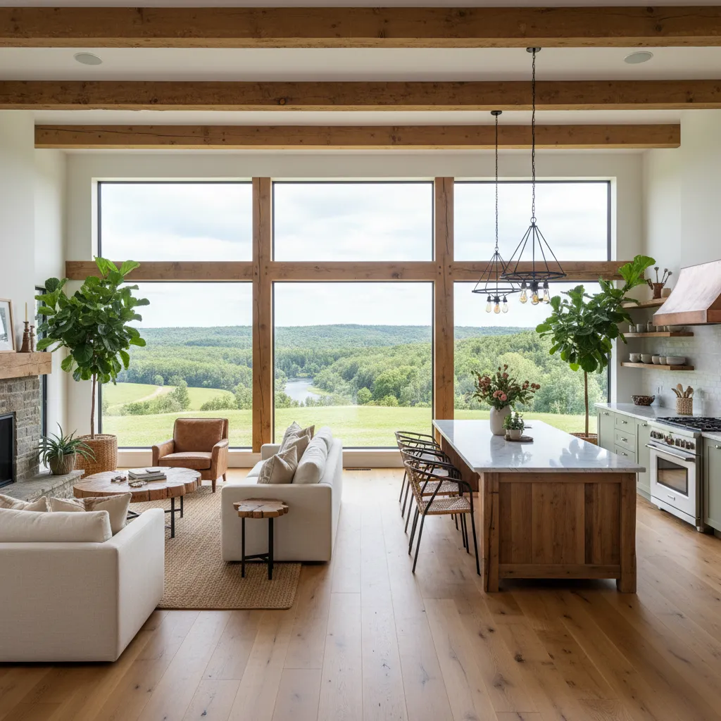 Interior de casa de campo con salón, comedor y cocina en espacio abierto
