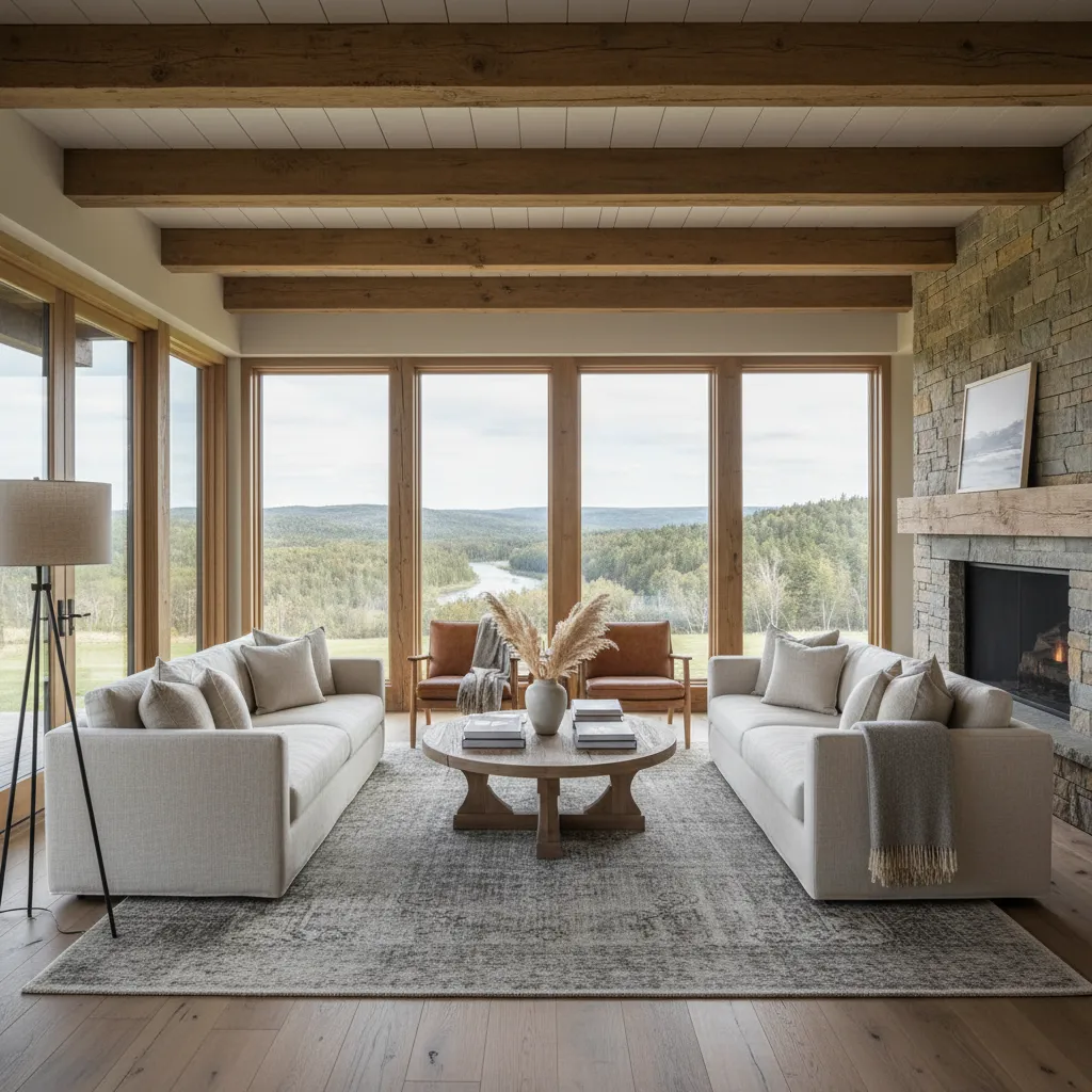 Interior de salón en casa de campo con vigas de madera y grandes ventanas