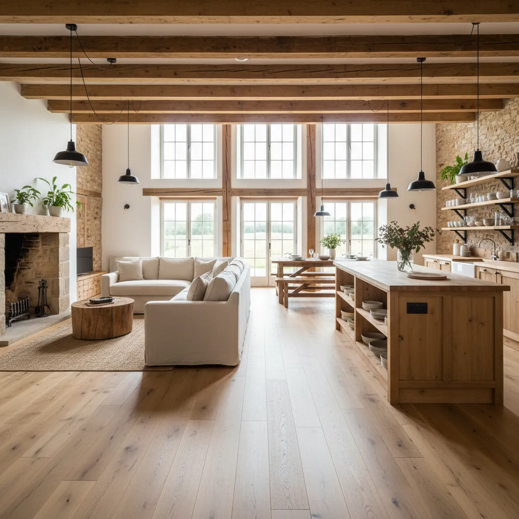 Open plan interior with wood ceiling beams white sofa kitchen island stone wall and large windows